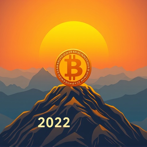 Bitcoin BTC Prognose 2027 mit goldenem Bitcoin auf einem Berggipfel